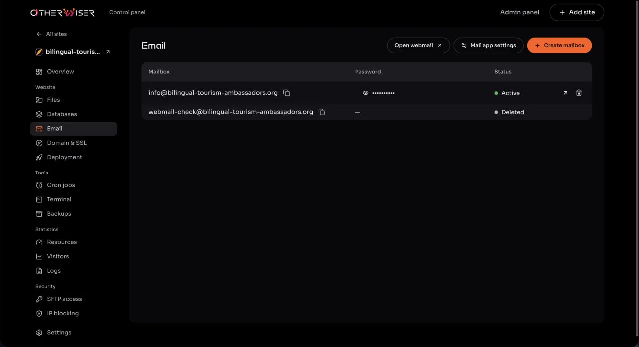 Email screen of the Otherwiser control panel