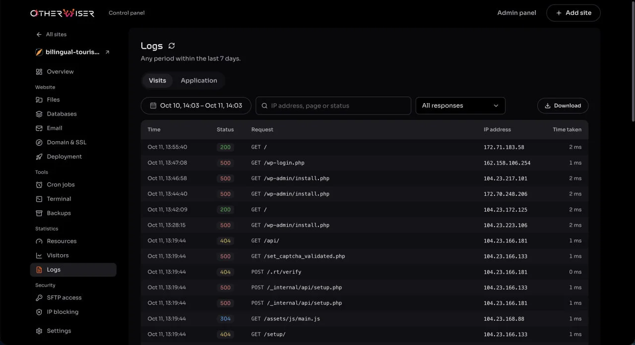 Logs screen of the Otherwiser control panel