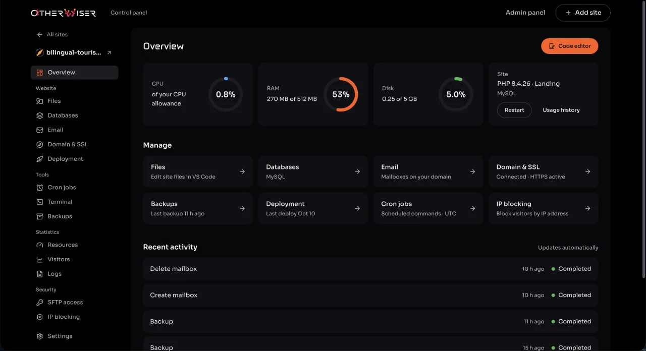 Overview screen of the Otherwiser control panel